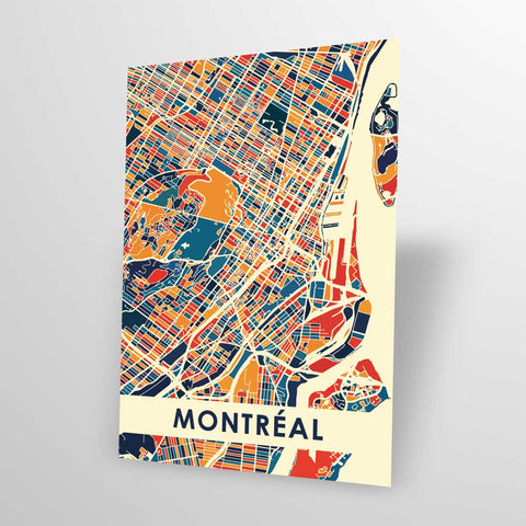 Carte postale colorée de Montréal, présentant une représentation vibrante et détaillée de la ville.