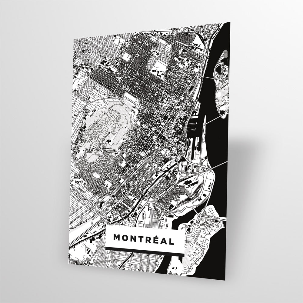 Carte postale de Montréal en noir et blanc, montrant une carte stylisée de la ville, élégante et contemporaine.