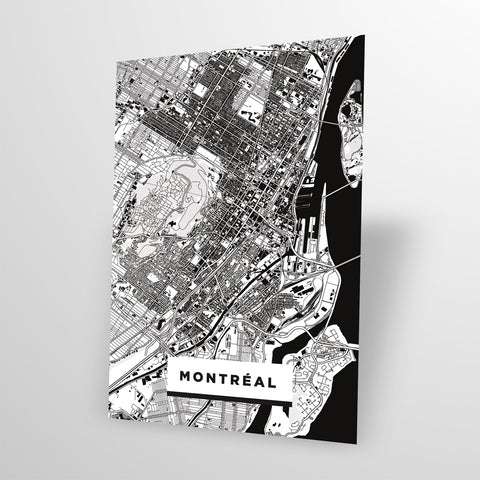 Carte postale de Montréal en noir et blanc, montrant une carte stylisée de la ville, élégante et contemporaine.