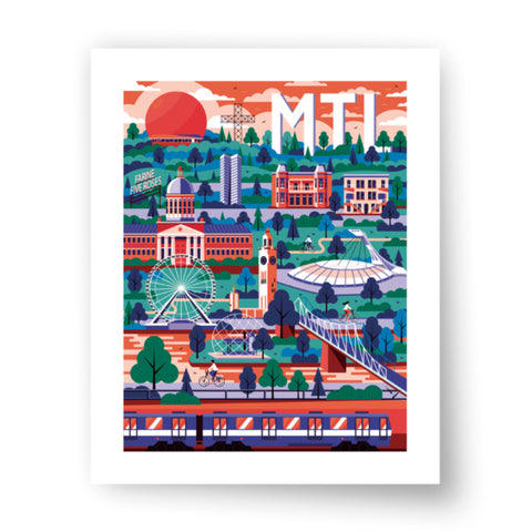 Affiche artistique de l'horizon de Montréal, affichant des couleurs vives et un design moderne.