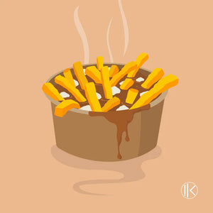 Graphique icônique de la poutine, représentant le plat favori canadien, idéal pour des designs à thème culinaire.