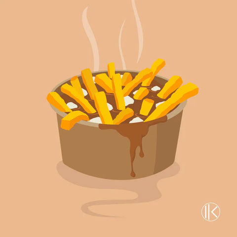 Graphique icônique de la poutine, représentant le plat favori canadien, idéal pour des designs à thème culinaire.