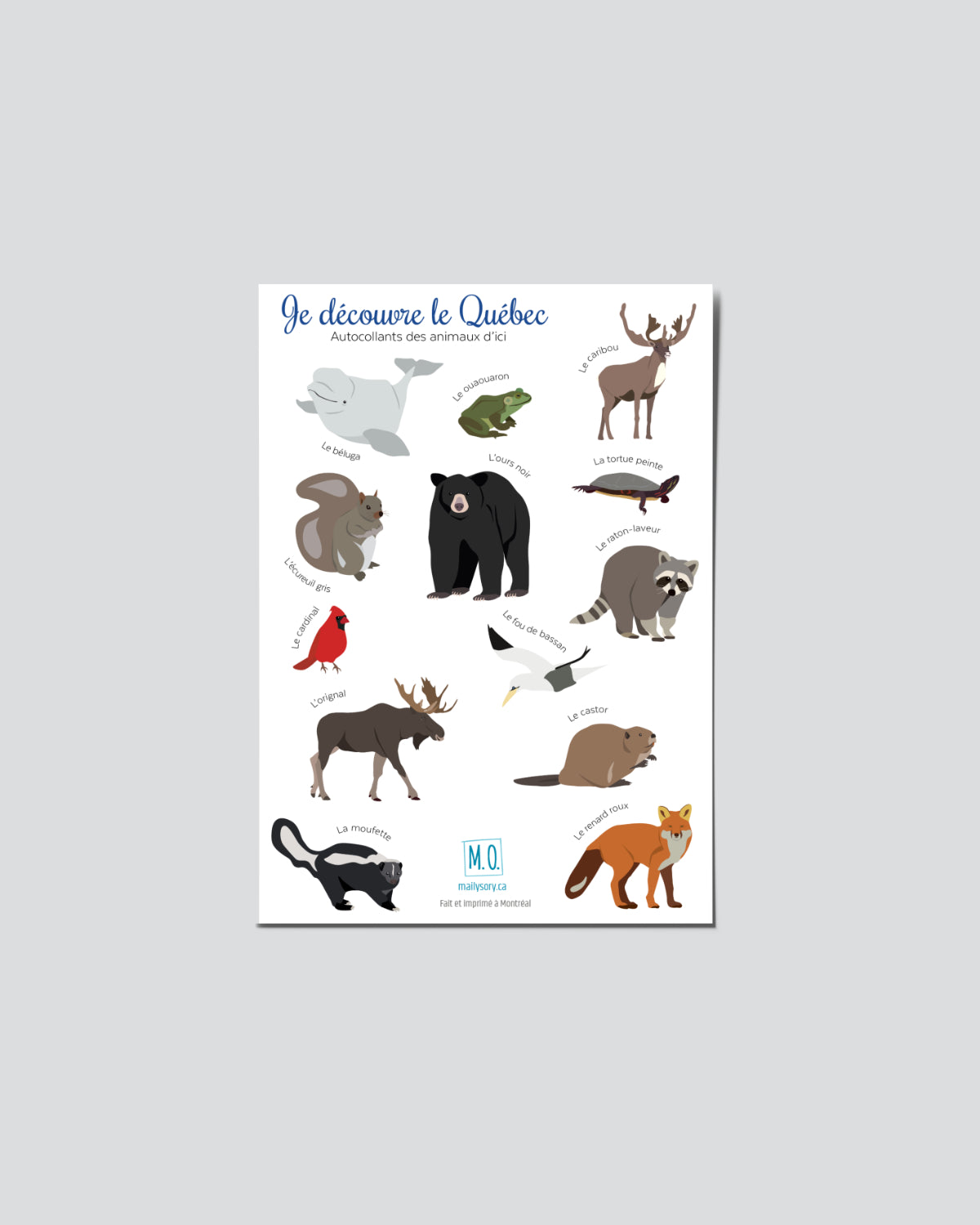 Feuilles d'autocollants des animaux du Québec