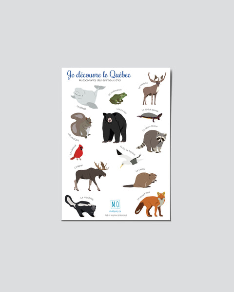 Feuilles d'autocollants des animaux du Québec