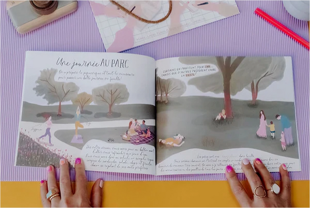 Livre illustré « Une journée au parc » avec carte et tasse, sélection d’idées cadeaux chez Magasin Général Montréal.